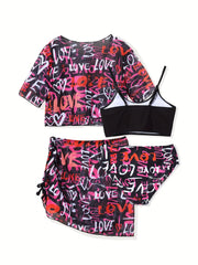 Girls Graffiti Print Swimsuit Set for Hawaii Vacation