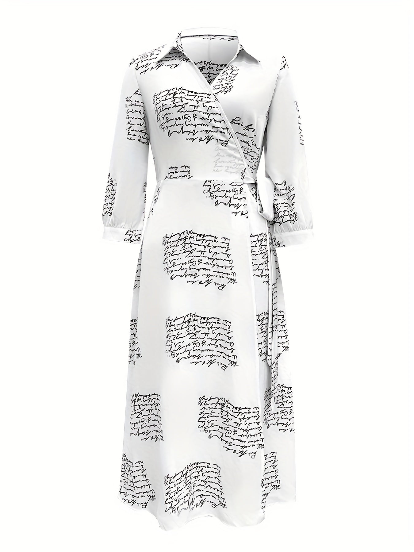 Letter Print Wrap Dress Casual V Neck 3 4 Sleeve Maxi Dress Women's Clothing