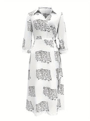 Letter Print Wrap Dress Casual V Neck 3 4 Sleeve Maxi Dress Women's Clothing