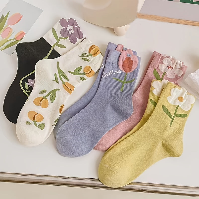 5 Pairs 3D Flower Mid-tube Crew Socks for Women