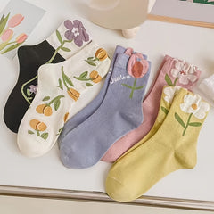 5 Pairs 3D Flower Mid-tube Crew Socks for Women