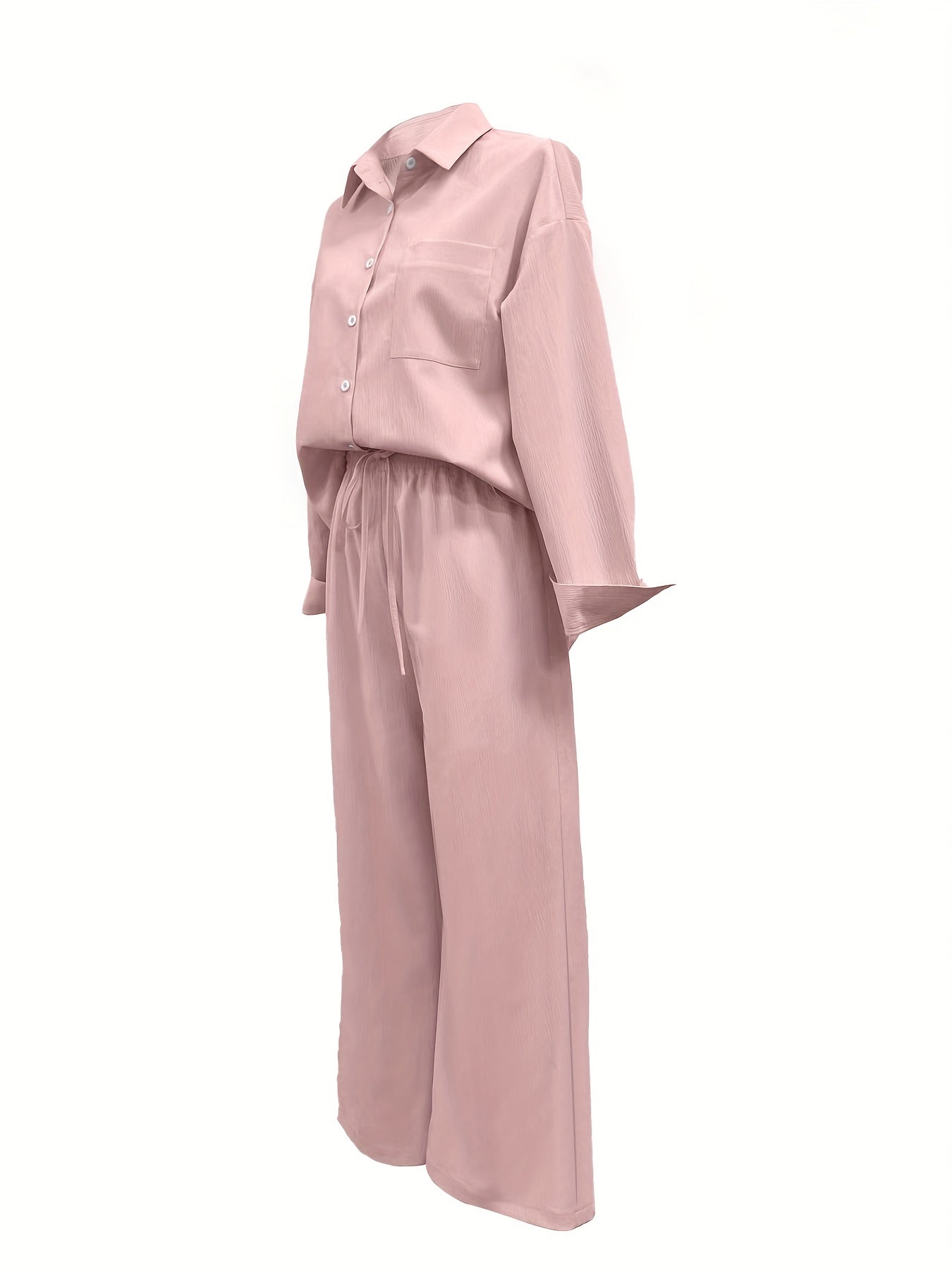 Button Front Long Sleeve Shirt & Drawstring Wide Leg Set