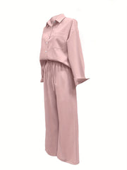 Button Front Long Sleeve Shirt & Drawstring Wide Leg Set