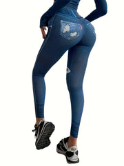 Faux Denim Print Yoga Pants High Waist Fitness Leggings
