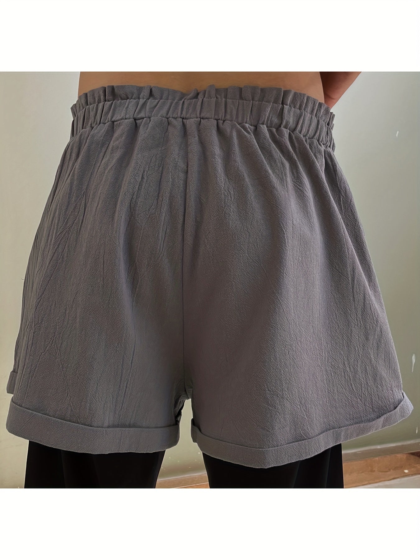 Sporty Shorts Women's Plus Solid Frill Trim High Rise Roll Up Shorts