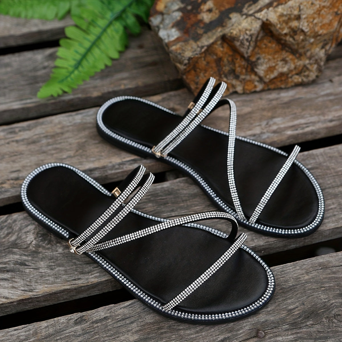 Rhinestone Slide Sandals Lightweight Open Toe Slip On Summer Shoes