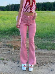Pink High Waist Boot Cut Jeans Slim Fit Denim Women's Clothing