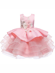 Girls Sleeveless Puffy Princess Dress Flowers Mesh Tutu Dress