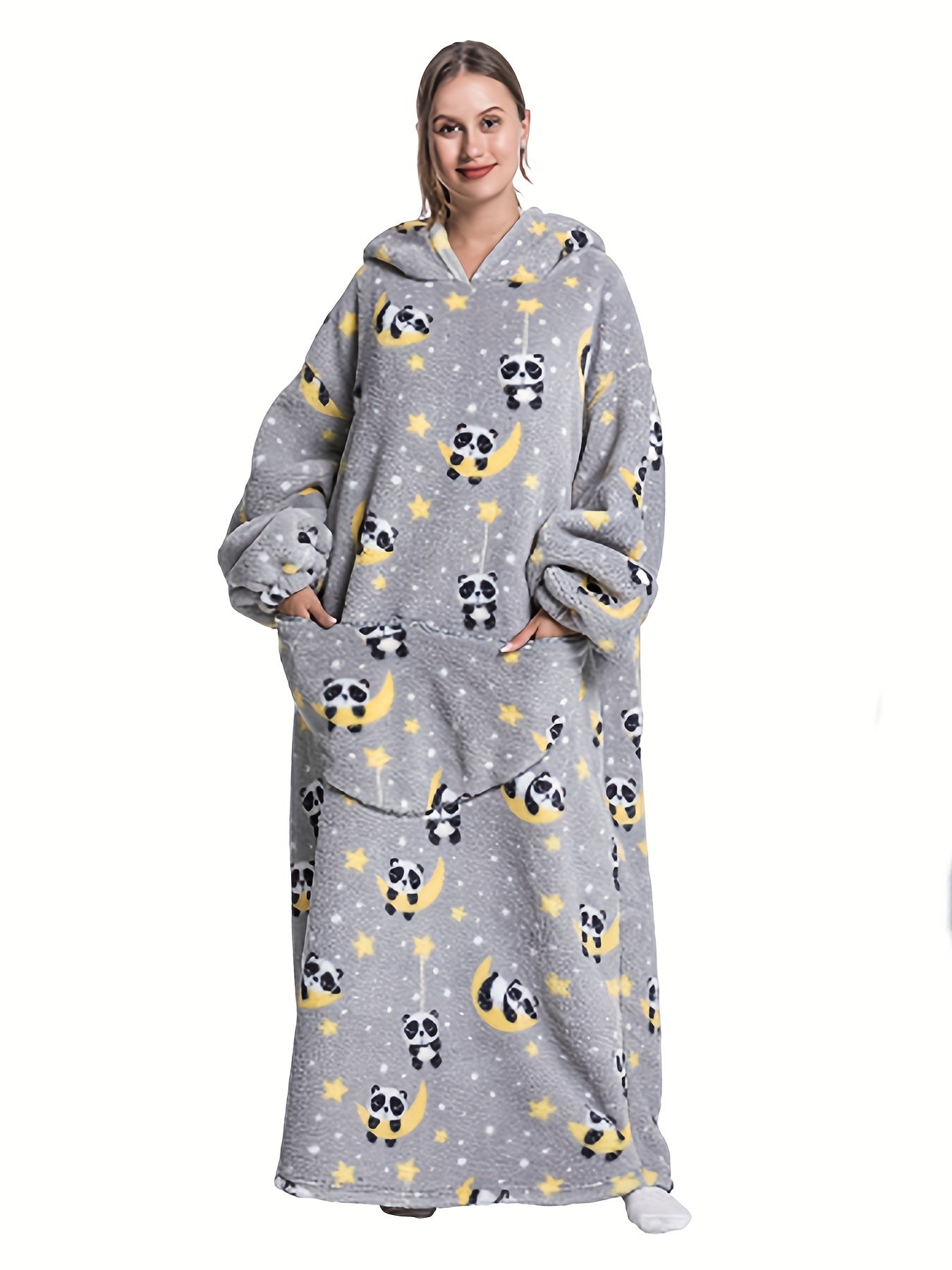 Cartoon Panda Print Hooded Robe with Pockets
