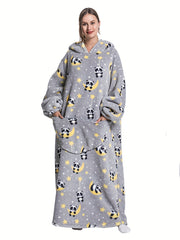 Cartoon Panda Print Hooded Robe with Pockets