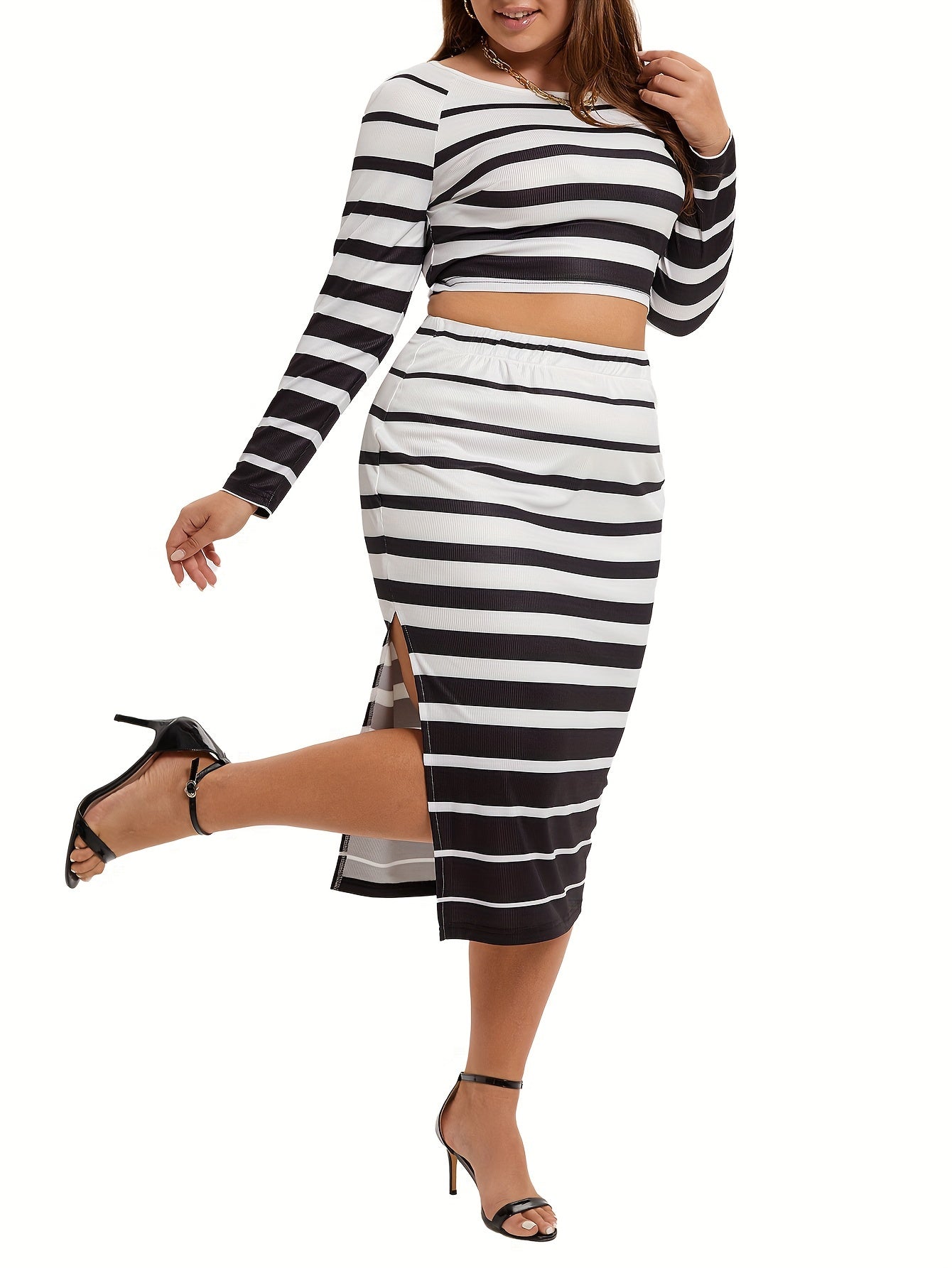 Sexy Striped Crop Top & Split Bodycon Skirt Set