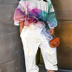Marble Print Off Shoulder Lantern Sleeve Jumpsuit