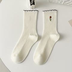 5 Pairs Floral Print Socks Comfy & Scallop Trim Women's Stockings