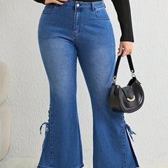 Women's Washed Button Fly Lace Up Flared Leg Jeans