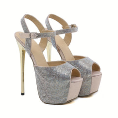 Sparkly Rhinestone Stiletto Heels Peep Toe Pumps Slingback Shoes