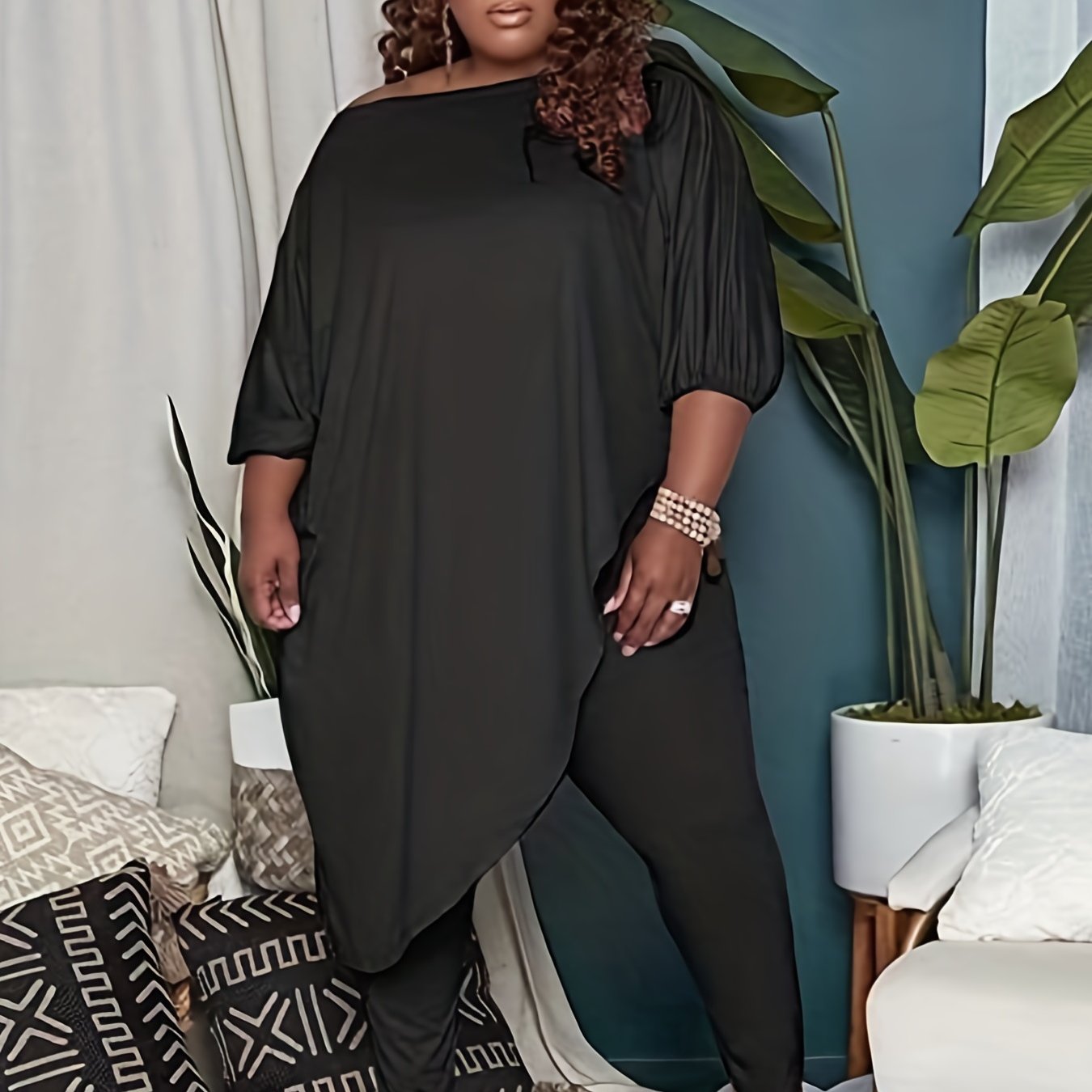 One Shoulder Tunic Top & Pants 2pcs Outfit Set