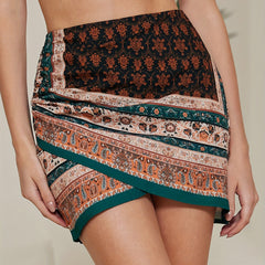 Boho Paisley Print Ruched Mini Skirt High Waist Summer Skirt