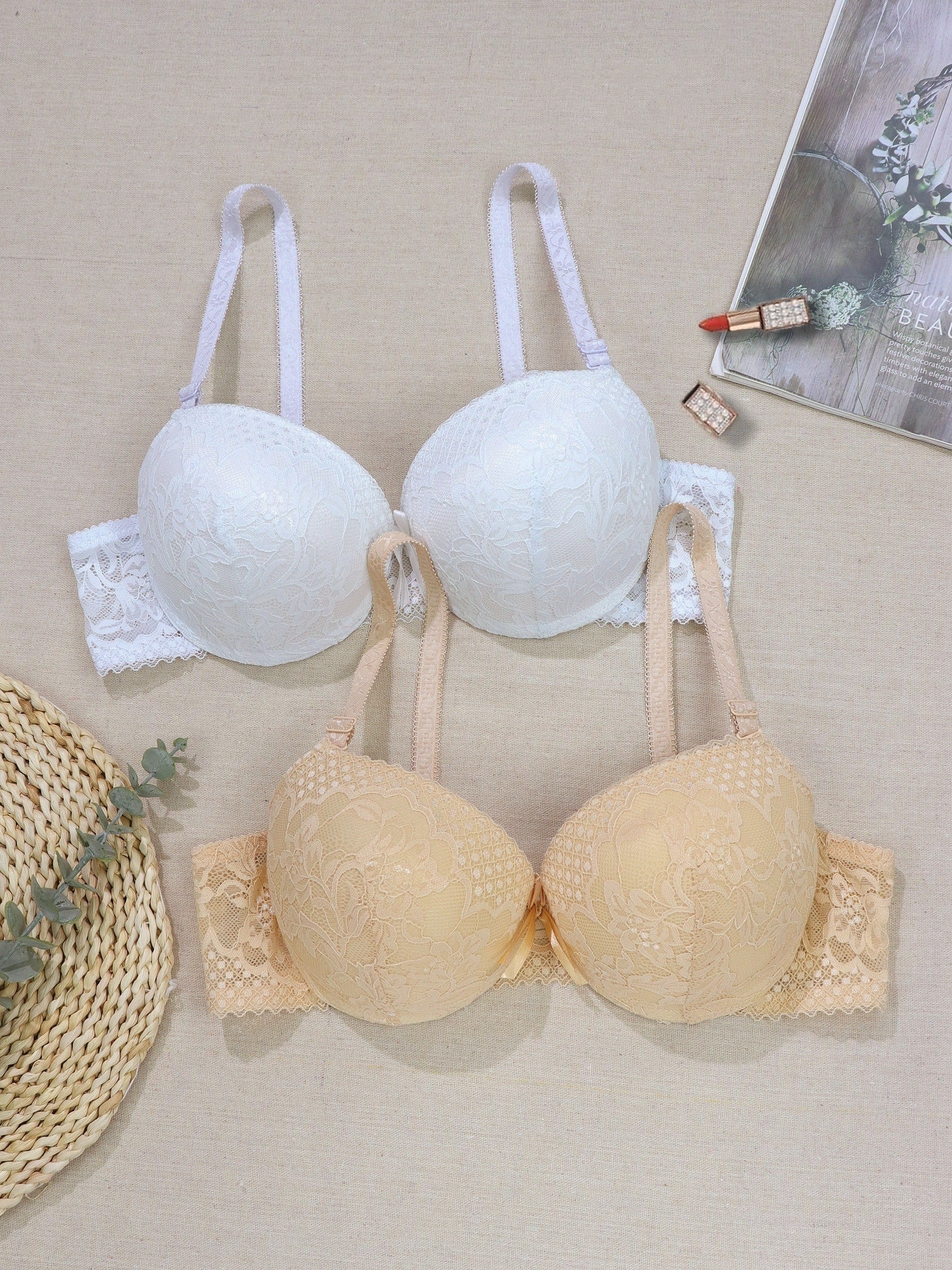 Contrast Lace Push Up Bras Comfy & Breathable Lifting Anti Sagging Bra