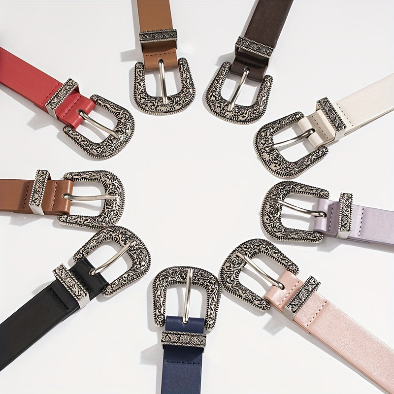 Women Classic Western Buckle Belt Vintage PU Leather Cowgirl Waist Belt