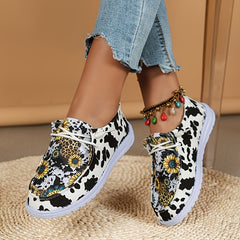 Women's Sunflower & Cow Print Canvas Slip On Shoes