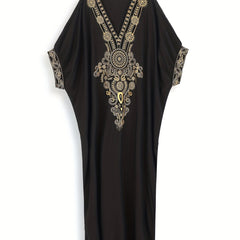 Boho Kaftan Dress Women's Plus Golden Embroidered V Neck