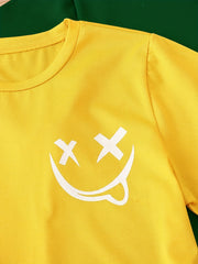 Boys Funny Smile Face Graphic Print T-shirt & Shorts Set