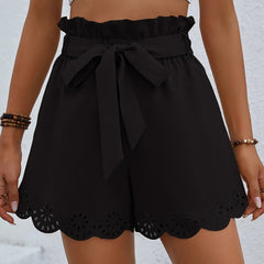 Scallop Trim Bow Tie Shorts Casual Solid Summer Shorts