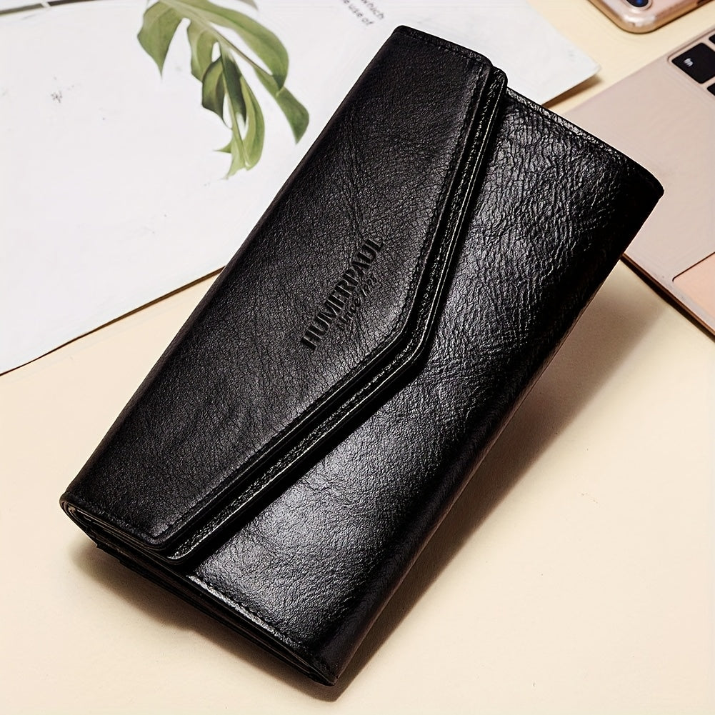 Women's Vintage Envelope Wallet Top Grain Leather Snap Closure Zip Pocket