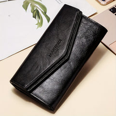 Women's Vintage Envelope Wallet Top Grain Leather Snap Closure Zip Pocket