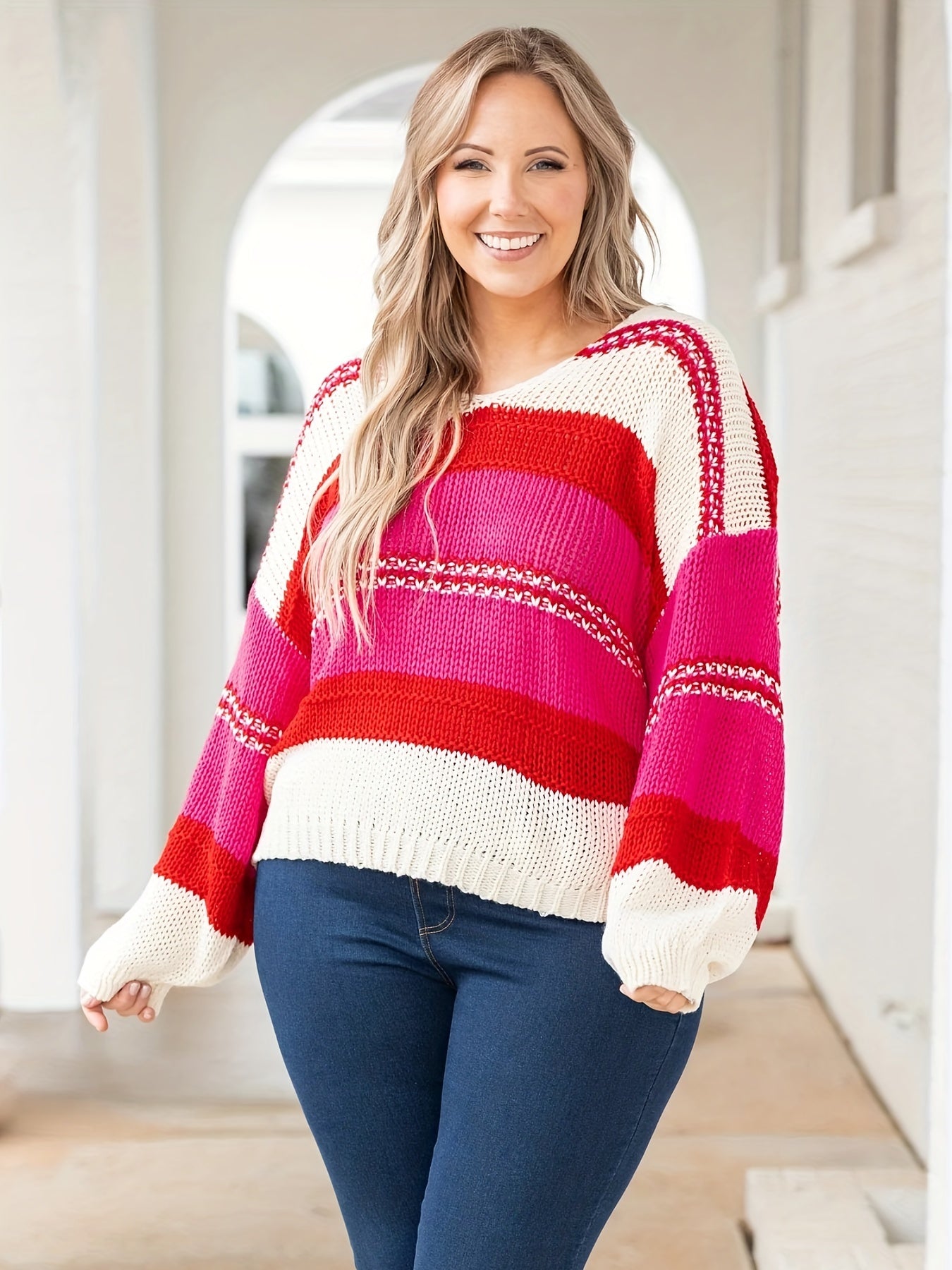 Colorblock V Neck Knit Top