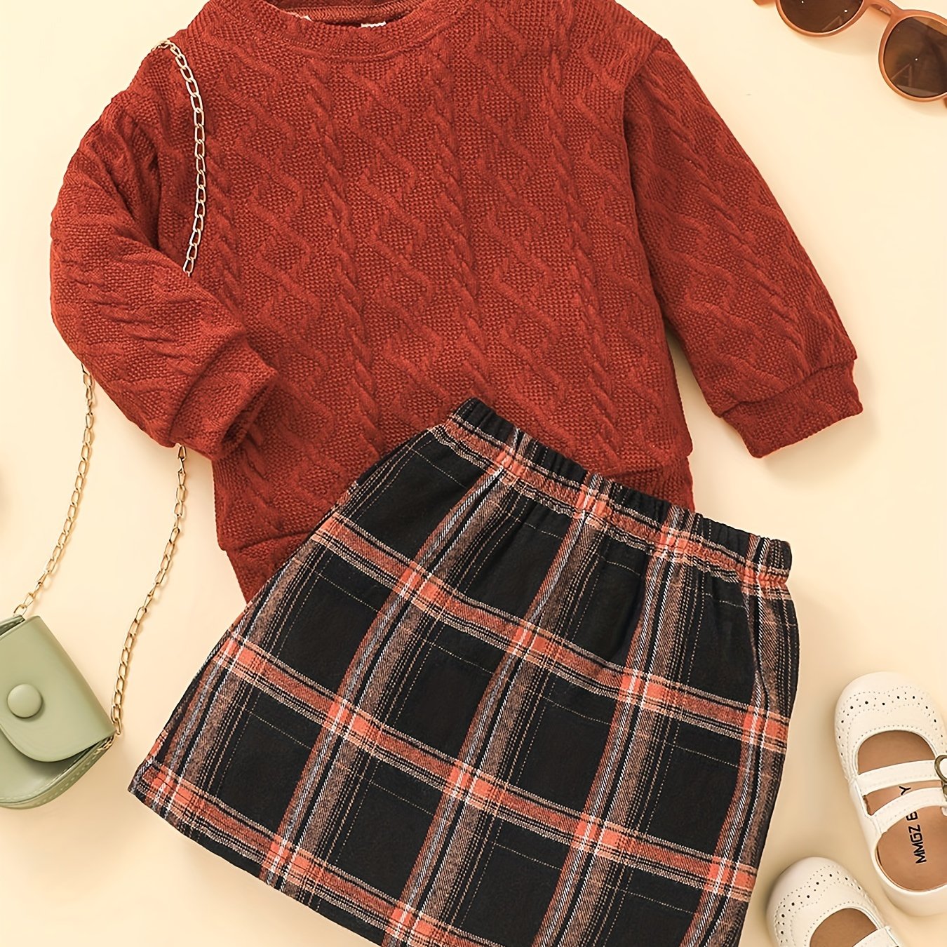 Girl's Knitted Jacquard Sweatshirt & Plaid Skirt Set for Spring Autumn