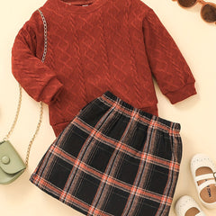 Girl's Knitted Jacquard Sweatshirt & Plaid Skirt Set for Spring Autumn