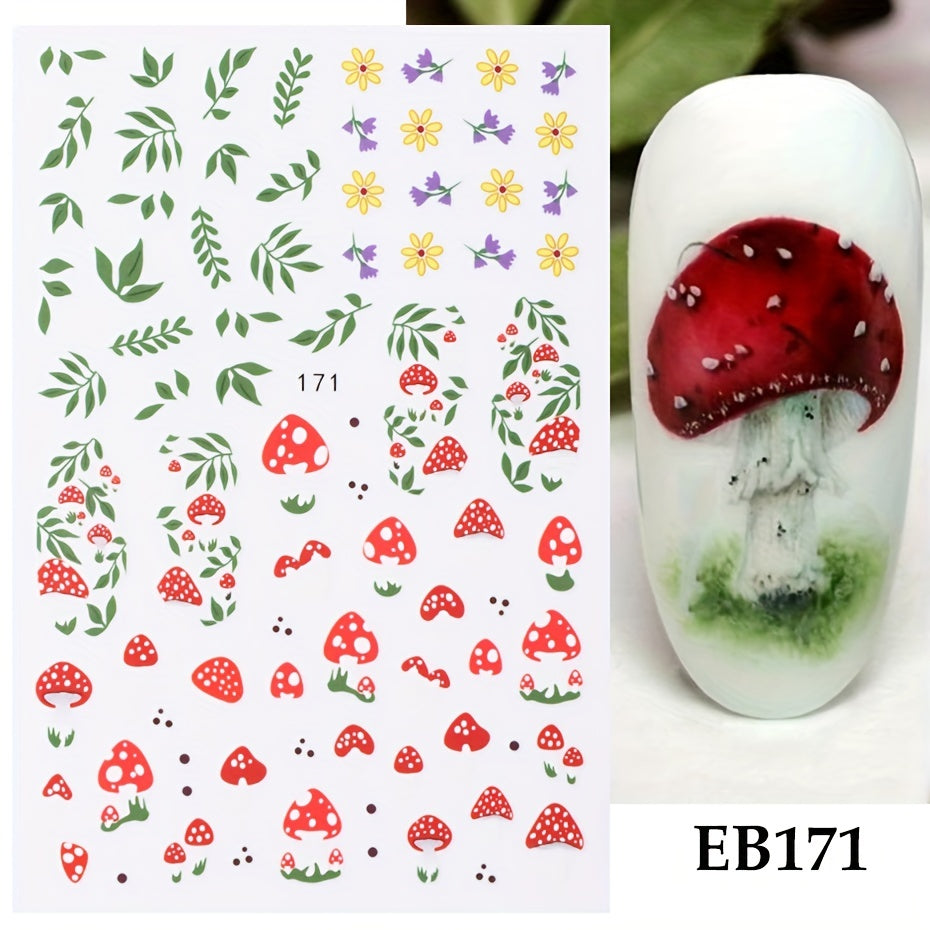 Green Succulent Plants 3D Nail Sticker Cactus Mushroom Summer Decals