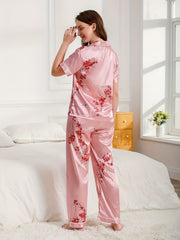 Floral Print Satin Pajama Set Short Sleeve Button Up Top & Pant