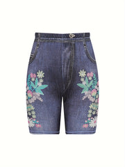 Floral Print Faux Denim Print Sports Shorts High Stretch Yoga Running Shorts