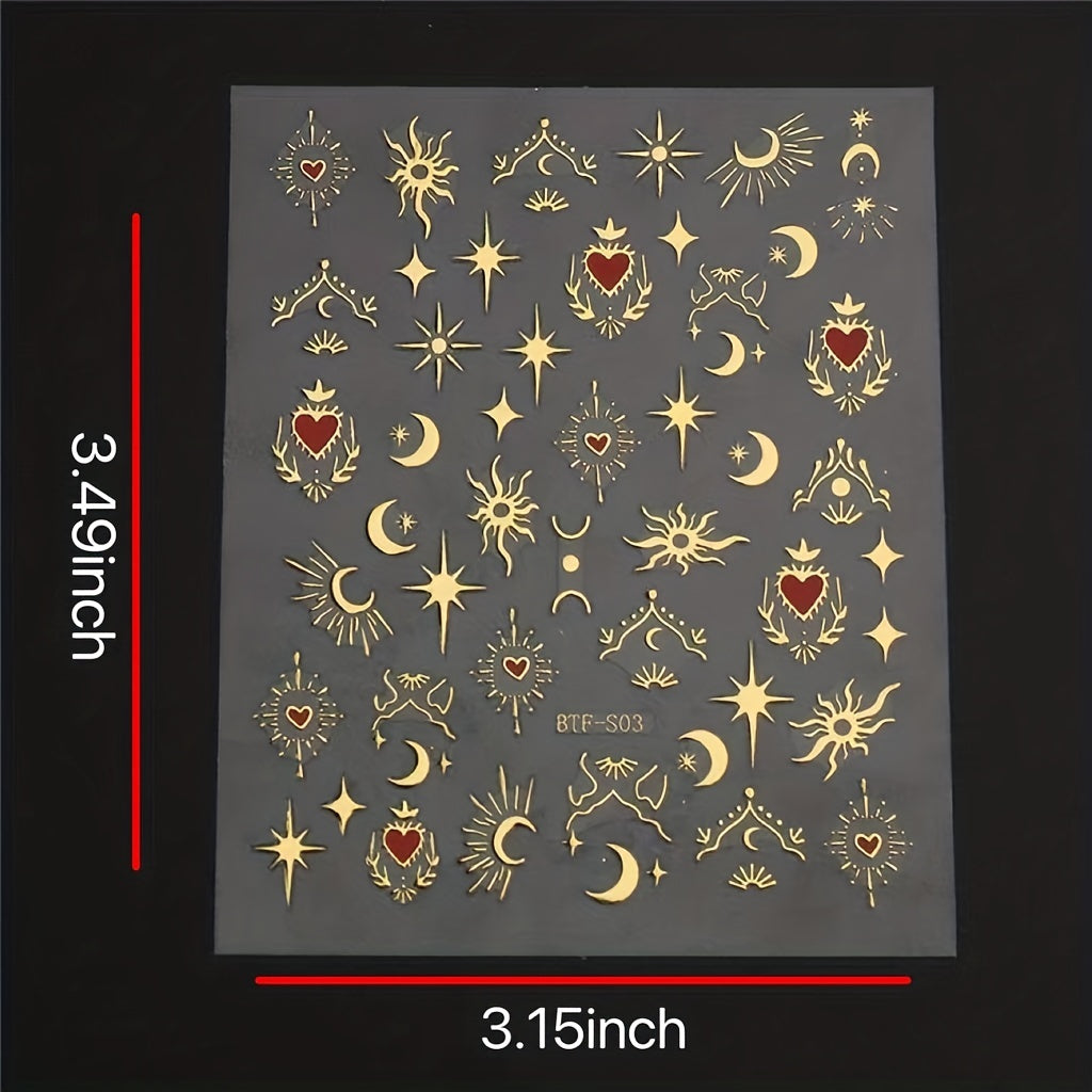 Golden Sun Moon Star Nail Art Stickers Self Adhesive 3D Decals for DIY Nail Deco