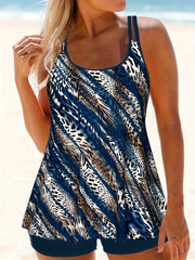Leopard & Stripe Tankini Set Women's Round Neck Cami & Shorts Swimsuit