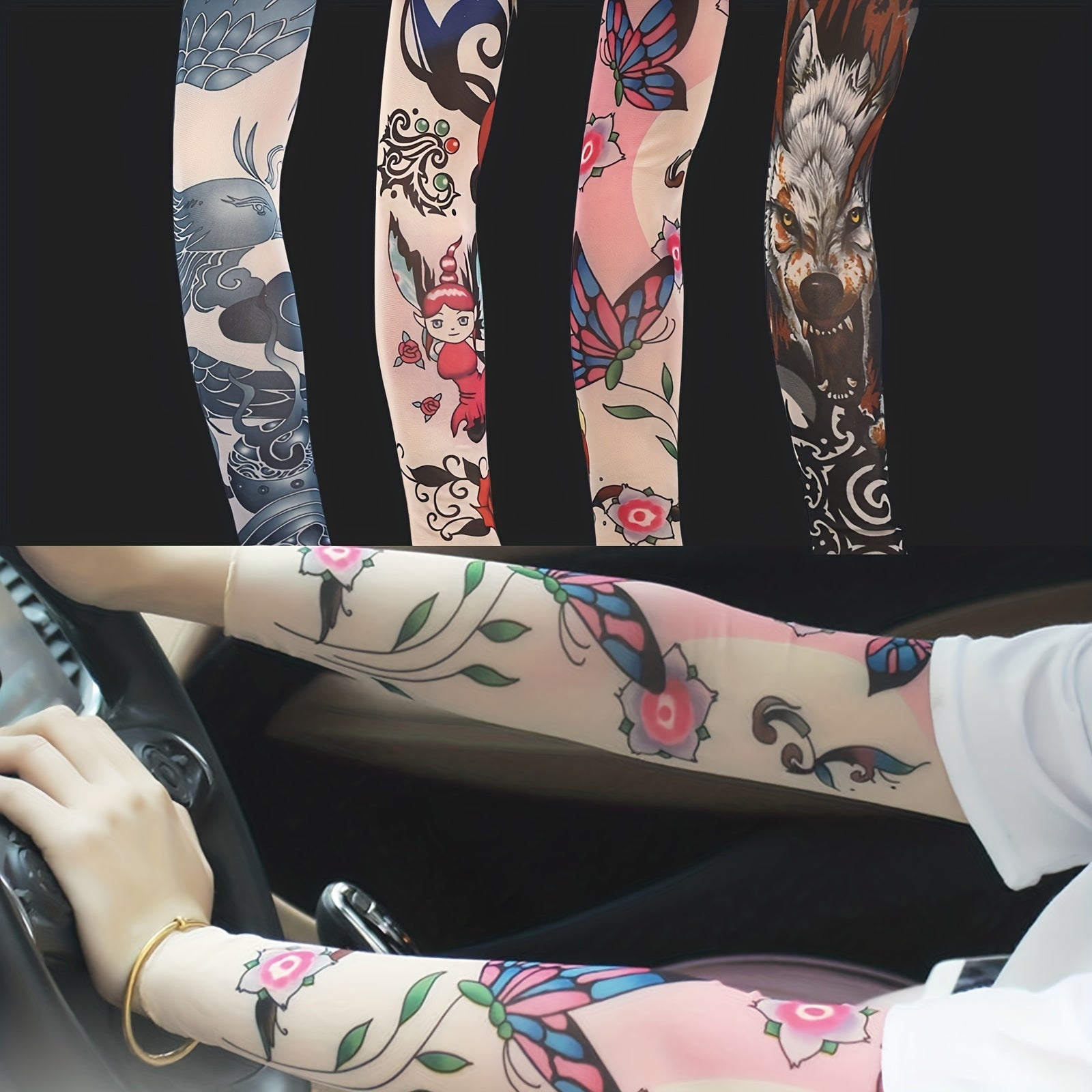Art Tattoo Gloves UV Sun Protection Compression Arm Sleeves