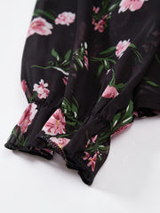 Floral Print Flounce Sleeve Ruffle Trim Mock Neck Shirt Top