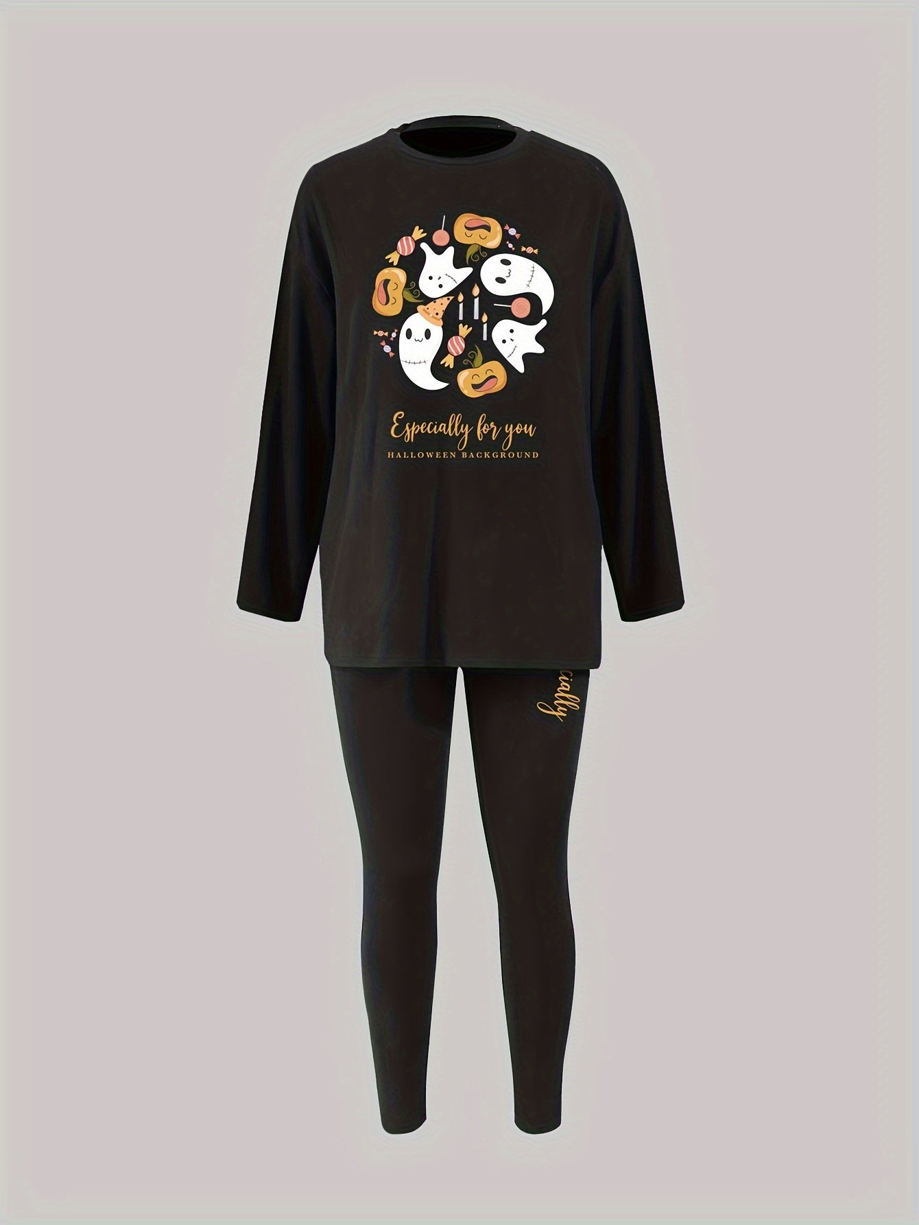 Halloween Pajama Set Women's Ghost & Slogan Tee & Leggings