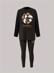 Halloween Pajama Set Women's Ghost & Slogan Tee & Leggings