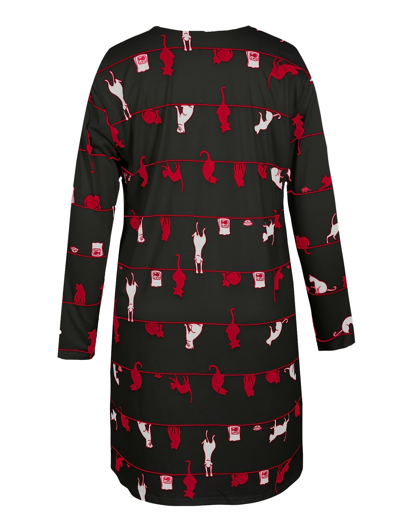 Cat & Stripe Print Long Sleeve V Neck Tee Dress With Pockets