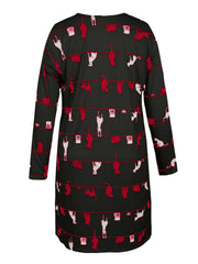 Cat & Stripe Print Long Sleeve V Neck Tee Dress With Pockets