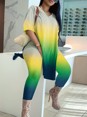 Gradient Casual 2pc Set V Neck Short Sleeve Top & Pants