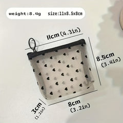 Heart Pattern Mesh Makeup Bag Cosmetic Zipper Pouch Small Travel Storage Bag