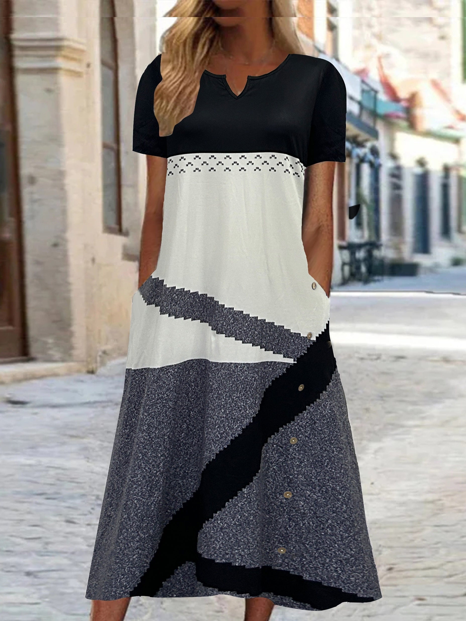 Geometric Print Colorblock Dress with Pockets
