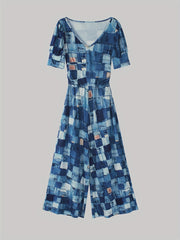 Patchwork Print Wide Leg Jumpsuit Casual Puff Sleeve Jumpsuit
