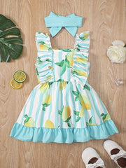 2pcs Baby Girls Fruit Print Ruffle Trim Dress & Headband Set