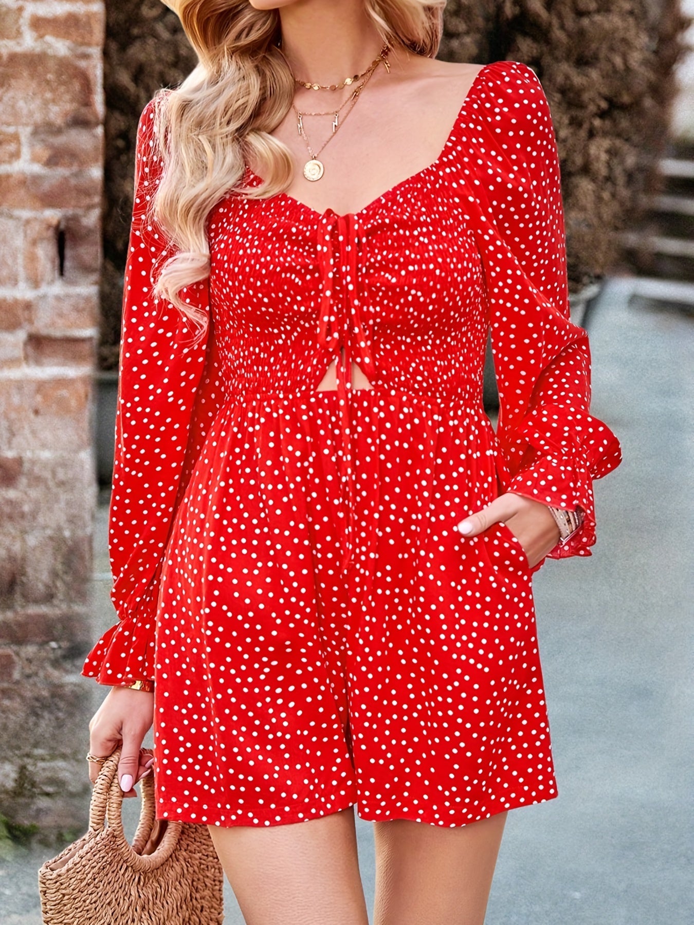 Pin Dot Cut Out Romper Casual Long Sleeve Drawstring Romper