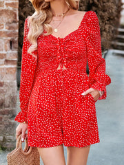 Pin Dot Cut Out Romper Casual Long Sleeve Drawstring Romper